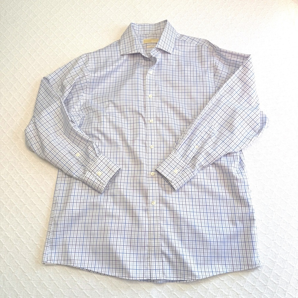 Michael Michael Kors Mens Blue Purple Grid Non Iron Cotton Shirt 16.5 32/33